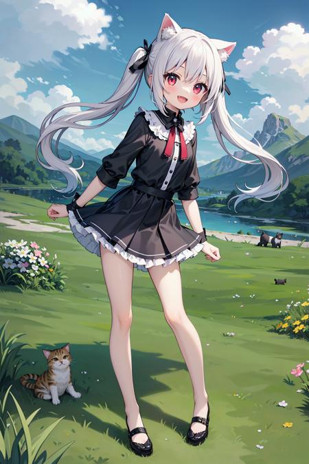 (((masterpiece))), best quality, illustration, 1girl with light white long hair, beautiful detailed red eyes, light white long straight hair, (cute), (petite), slim, solo, solo focus, standing, full body, cat ears, twintails, pure black shirt, skirt, sky, grass, mountains, smile, :d, blush, skin fang, fang