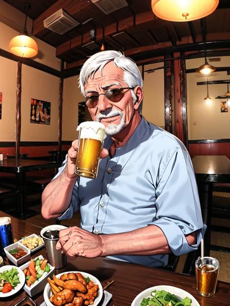 masterpiece, best quality, ultra-detailed, illustration,
murayakuba, izakaya, scenery, ceiling light, indoors, stool, reflection, menu, counter, shop, bottle, ceiling, lamp, poster (object), 
(older man), silver hair , short cut, (mascular male:1.5), (sunglasses), cowboy hat, laughing, beer mug, beer, salad, food,karaage, 
 <lora:Murayakuba:0.8>