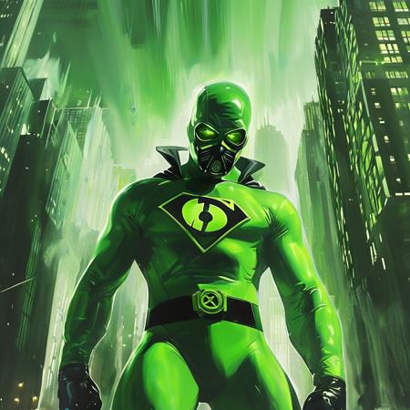 score_9, score_8_up, score_7_up, style of Alex Ross, Full body, Solo, 1man, Superhero, (neon green and black power suit: 1.0), (power pose: 1.0), (radiation symbol on chest: 1.0), (superhero physique: 1.0), heavily muscled, (gas mask: 1.0), green energy, city background, masterpiece, detailed,