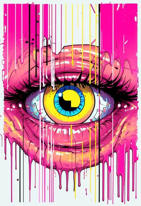 Tight, oversaturated anime close-up where the frame slashes across only half a smirking mouth and a glitching neon eye, color palette bleeding with hot pink, chrome yellow, and cobalt-graffiti textures and scanlines scarring the frame, ink halftone dots and hand-drawn speed lines clashing with pixelated overlays, torn cel edges showing behind clean lines, loud, rebellious, manga meets VHS-punk chaos aesthetic, feels like a ripped page that’s alive