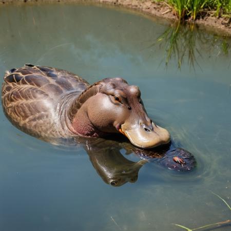 a duck-Hippopotamus-hybrid, (duck body:1.3), (Hippopotamus head:1.1) with a (duckbill:1.2), swimming on a small pond, nearly transparent clear water, insects, 16k, UHD, insane details, award-winning photo,  <lora:xl_more_art-full_v1:0.5>, <lora:add-detail-xl:0.5>