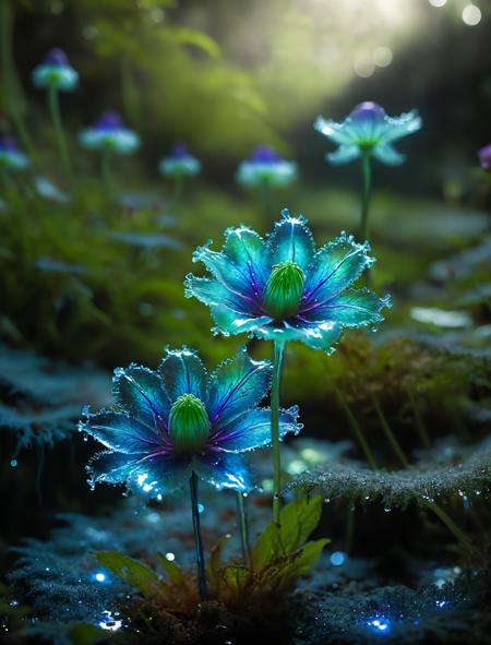 epiCPhoto,
Create a luminescent alien flower, with bioluminescent petals that glow in vibrant hues of blue, green, and purple. The flower's petals are delicate yet resilient, shimmering with an otherworldly iridescence. Its stem is transparent, revealing pulsating veins of energy that travel up and down, feeding the radiant bloom. Tiny, floating spores drift around the flower, casting a gentle, mesmerizing glow. When touched, the petals emit a soft, melodic hum, resonating with the surrounding flora. This enchanting alien flower thrives in a lush, bioluminescent garden, adding to the surreal beauty of the extraterrestrial landscape.
