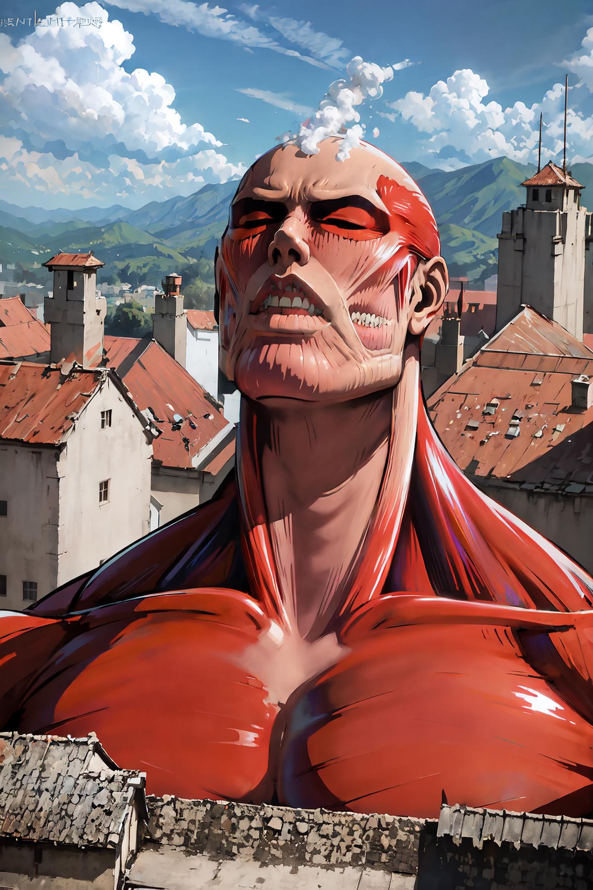 A bald man with a red face and a shirtless torso stands in front of a cityscape.