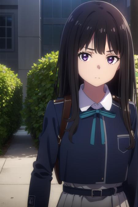 takinainoue, <lora:takinainoues1-lora-nochekaiser:1>, 
inoue takina, long hair, bangs, black hair, (purple eyes:1.2),
BREAK shirt, long sleeves, dress, ribbon, school uniform, white shirt, collared shirt, belt, neck ribbon, blue dress, green ribbon, pleated dress, grey dress, two-tone dress, blue belt, lycoris uniform,
BREAK outdoors, city,
BREAK looking at viewer, (cowboy shot:1.5),
BREAK <lyco:GoodHands-beta2:1>, (masterpiece:1.2), best quality, high resolution, unity 8k wallpaper, (illustration:0.8), (beautiful detailed eyes:1.6), extremely detailed face, perfect lighting, extremely detailed CG, (perfect hands, perfect anatomy),