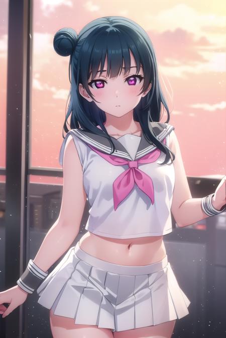 yoshikotsushima, <lora:yoshiko tsushima s2-lora-nochekaiser:1>,
yoshiko tsushima, long hair, bangs, blue hair, (pink eyes:1.3), hair bun, single hair bun, single side bun,
BREAK shirt, school uniform, white shirt, serafuku, neckerchief, uranohoshi school uniform, (orange neckerchief:1.2), sleeveless, skirt, pleated skirt, grey skirt,
BREAK indoors, classroom,
BREAK looking at viewer, (cowboy shot:1.5),
BREAK <lyco:GoodHands-beta2:1>, (masterpiece:1.2), best quality, high resolution, unity 8k wallpaper, (illustration:0.8), (beautiful detailed eyes:1.6), extremely detailed face, perfect lighting, extremely detailed CG, (perfect hands, perfect anatomy),