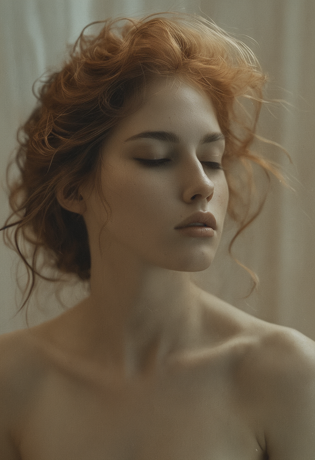(sensual mood Soft Lighting Photography), stunning  medium format portrait photo, in the style of Miles Aldridge , style of Alessio Albi, 19yo (woman), the most Beautiful girl, copper-hair, masterful portrait in the style of Anders Zorn | Alessio Albi, professional photography portrait of a mysterious woman, award masterpiece, ((half-body nude portrait)), piercing gaze, modern, irresistible beauty, misterious, emotional, fuzzy lighting , low key, unusual composition, use of negative space, golden section composition, relaxed ,sensual , irresistible , fine details, Fine art photography style