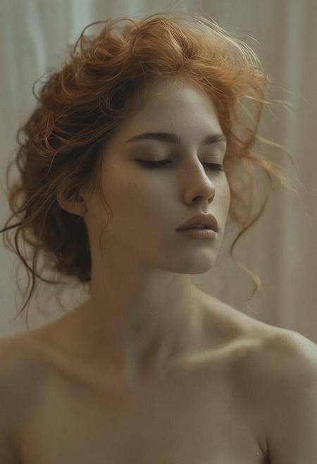 (sensual mood Soft Lighting Photography), stunning  medium format portrait photo, in the style of Miles Aldridge , style of Alessio Albi, 19yo (woman), the most Beautiful girl, copper-hair, masterful portrait in the style of Anders Zorn | Alessio Albi, professional photography portrait of a mysterious woman, award masterpiece, ((half-body nude portrait)), piercing gaze, modern, irresistible beauty, misterious, emotional, fuzzy lighting , low key, unusual composition, use of negative space, golden section composition, relaxed ,sensual , irresistible , fine details, Fine art photography style