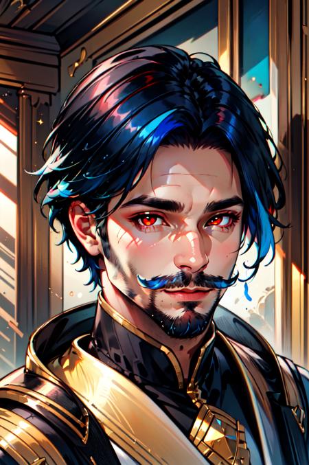 Regality Style, 1boy, artist name, beard, black hair, blue hair, closed mouth, facial hair, indoors, looking at viewer, male focus, medium hair, mustache, portrait, red eyes, shiny, shiny hair, short hair, solo<lora:Regal:0.75>