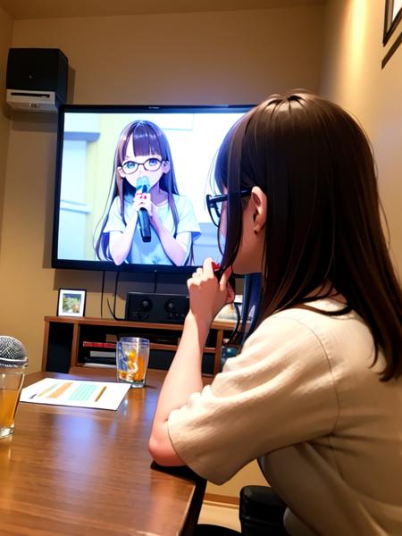 masterpiece, best quality, ultra-detailed, illustration,
karaokeroom, scenery, microphone, 1girl, glasses, holding microphone, holding, shirt, karaoke, television, indoors, white shirt, brown hair, solo,  long hair, facing away, upper body, table, couch, denmoku, 
 <lora:KaraokeRoomV2:0.6>