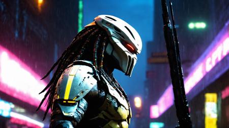 Predator, action, looking at viewer:1.3, cyberpunk, cyberpunk reimagined, cybernetic enhancement, night, heavy rain, wet, neon lights, (full body shot:1.2), (looking along street view:1.1), cinematic, 8k, HDR, photorealistic, best quality, high quality, masterpiece, hyper-realistic.
