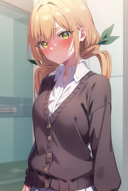 karaneinda, <lyco:karaneinda-lyco-nochekaiser:0.8>,
karane inda, blonde hair, (yellow eyes:1.5), hair ribbon, twintails, low twintails, long hair, (green ribbon:1.2), <lora:yudedako_noline_cheek_v100:1>, embarrassed,
BREAK skirt, shirt, school uniform, white shirt, pleated skirt, cardigan, white shirt, collar, black skirt, brown cardigan, long sleeves,
BREAK looking at viewer,
BREAK indoors, classroom, (cowboy shot:1.5),
BREAK <lyco:GoodHands-beta2:1>, (masterpiece:1.2), best quality, high resolution, unity 8k wallpaper, (illustration:0.8), (beautiful detailed eyes:1.6), extremely detailed face, perfect lighting, extremely detailed CG, (perfect hands, perfect anatomy),