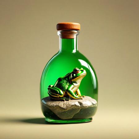 POV, frontal light, Hyper-realistic, detailed, stone design, flat texture, game item, fantasy style, greenish-colored magic potion in rude glass bottle, Boiled toad inside bottle, bubbles inside bottle, covered with leather, centered, side view, diffuse texture, simple colored background