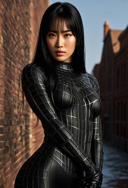score_9, score_8_up, score_7_up, best quality, realistic, masterpiece, beautiful detail, hyperrealistic, ((1girl, woman body, big breasts)), amazing detailed full body of a cute korean girl, cute face, wearing a realistic and highly detailed black raimi spider-man suit, ((huge muscular girl)), professional model wears ultra - detailed black raimi spider - man suit, ultra - detailed and grained black raimi spiderman suit, suit covered entire body and hand, black spiderman gloves, wet, close up, black hair, octane render, highly detailed, volumetric, dramatic lighting, (highest quality:1.1), (HDR:1.3), (top quality, best quality), realistic, high definition, masterpiece, 8k, best quality, best illumination, best shadow, an extremely delicate and beautiful, finely detail, depth of field, classic, highres, perfect lighting,