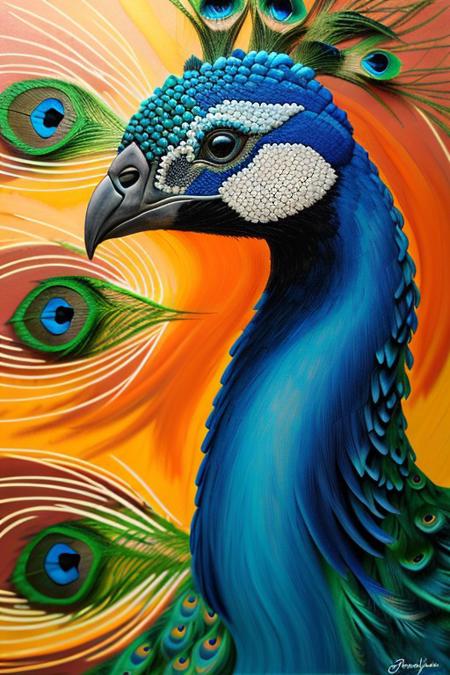 Ultra High Definition, Impeccable Detail, Premier Quality, Best-in-class, (Photorealistic), (Lifelike), raw photo,peacock,  abstract painting with varying colorful geometric shapes on a textured background, sculpture of a peacock standing in front of the abstract painting