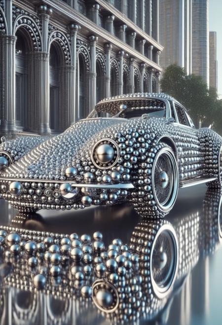 (made of Chrome Ball bearings:1.3), classic sports car, from side, run through on city Chrome Ball bearings road, cinematic, cinematic lighting, (masterpiece, best quality:1.4), ultra-high res, 4k, Photorealistic, insanely detailed, sfw,