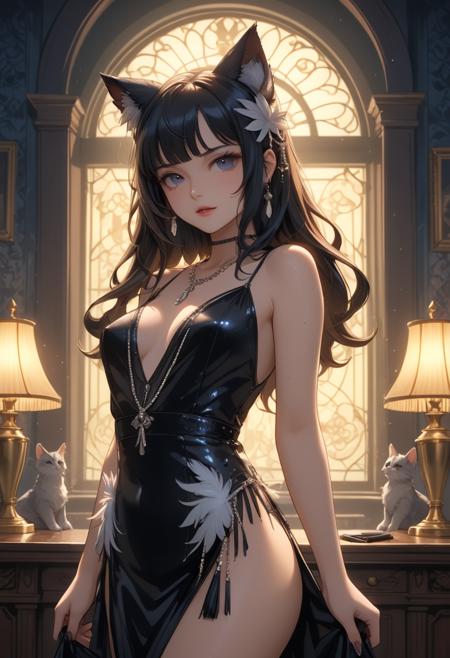 score_9, score_8_up, score_7_up, score_6_up, dynamic, (anime, masterpiece), best quality, (8k), detailed background, sharp focus, intricate, ambient lighting, super high quality, hyper detailed background, cinematic lighting, adult, double tone long hair, mature, embedding:zPDXLxxx, cat ears, vintage, mafia, prohibition era, 1950s,Defiance, Flapper Dress Sequins Feathers, Standing with Hands in Pockets, Secluded Mansion on the Outskirts of Town, addDetailXl.MLUV, Nyaomi, Expressiveh<lora:Expressive_H-000001.safetensors:1.0:1.0> <lora:Nyaomi.safetensors:1.0:1.0> <lora:addDetailXl.MLUV.safetensors:1.0:1.0>