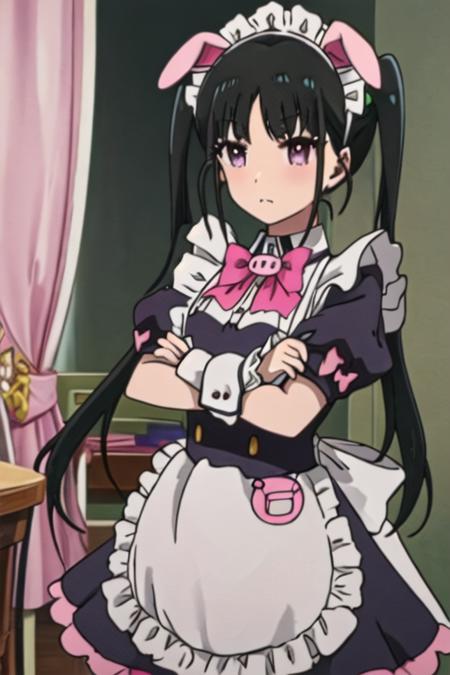 best quality, masterpiece, highres, solo, {yumechi_akibameidosensou:1.15}, black_hair, maid_headdress, maid, twintails, animal_ears, purple_eyes, bow, long_hair, pink_bow, apron, fake_animal_ears, maid_apron, bangs, pig_ears, 1girl, crossed_arms, short_sleeves, wrist_cuffs