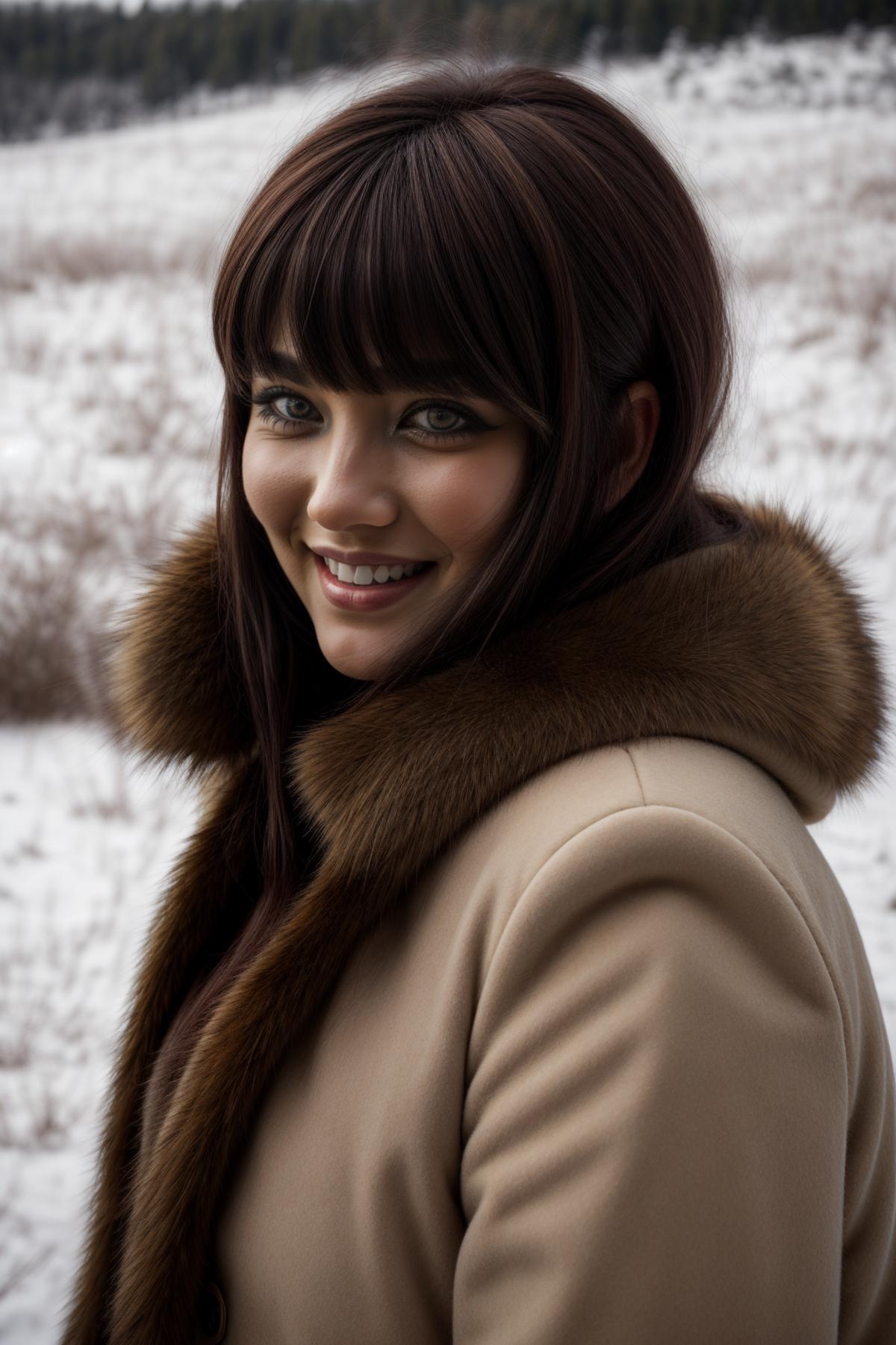 Smiling Woman with Long Brown Hair and Tan Fur Collar Wearing a Beige Coat.