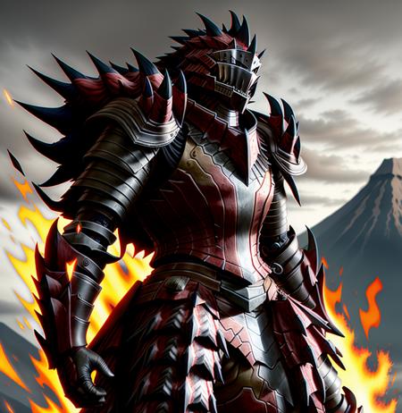 <lora:Rathalos_Armor:0.8>, rathalos armor, man wearing rathalos armor, battlefield background, fire and brimstone, volcano, Masterpiece, realistic looking armor,