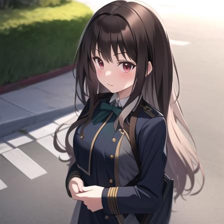 masterpiece, best quality, 1girl, wavy hair, lycoris_uniform, in street, <lora:qqq-lr-v1-000018:1>