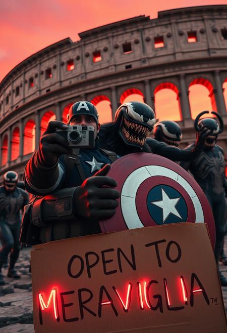 Marvel icons, Captain America and Venom, are caught in a surreal, high-energy selfie in front of the ancient Colosseum, with an unsettling atmosphere creeping into the scene. Captain America, his shield glowing faintly under the dimming light of a blood-red sunset, holds a vintage Kodak MC3 camera, trying to capture the eerie moment. Venom, grinning with malevolent glee, strikes a wild pose, his tendrils snaking around Cap’s shoulders, almost squeezing too tight in a way that blurs the line between playfulness and menace. Behind them, the towering Sion army approaches, their glowing red eyes piercing through the shadows of their insect-like helmets.
The Colosseum looms ominously in the background, its ancient arches casting dark, twisted shadows as if the structure itself is alive. The iconic ruins feel warped, with cracks pulsing as though ready to split open. In the foreground, a neon cardboard sign reads ‘OPEN TO MERAVIGLIA,’ but the letters flicker erratically, with some symbols morphing into eerie, cryptic shapes. Holographic effects ripple unnervingly, and the air around them is thick with swirling dust and mist, giving the scene an otherworldly, haunted feel. The contrast between the decaying landmark, superheroes, and the approaching army creates a chilling snapshot of a reality slipping into chaos