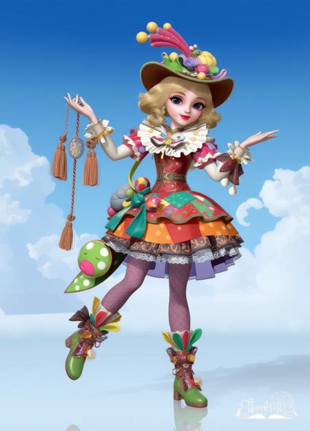 3d Princess, masterpiece full of details.The image depicts a character dressed in a vibrant and elaborate costume, adorned with a variety of bright colors and intricate designs. The character's outfit is a mix of a clownish and a fantasy-inspired style, featuring a colorful and whimsical ensemble that includes a hat with a tassel, a ruffled collar, and a skirt with a floral pattern. The character's boots are also decorated with colorful accents and have a playful, whimsical design. The background of the image is a serene and dreamy setting, with a blue sky and white clouds, creating a contrast with the character's colorful attire. The overall atmosphere of the image is whimsical and fantastical, with a touch of elegance and sophistication.