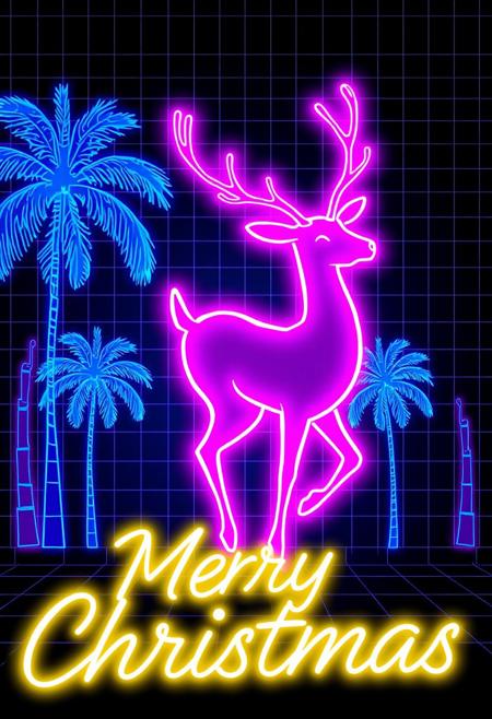 "Design a retro-themed Christmas card with a glowing neon reindeer outlined in bright pink and purple, reminiscent of 80s aesthetics. The background features a grid pattern and palm trees glowing in soft blue neon. 'Merry Christmas' shines in vibrant yellow neon script, adding to the nostalgic design."