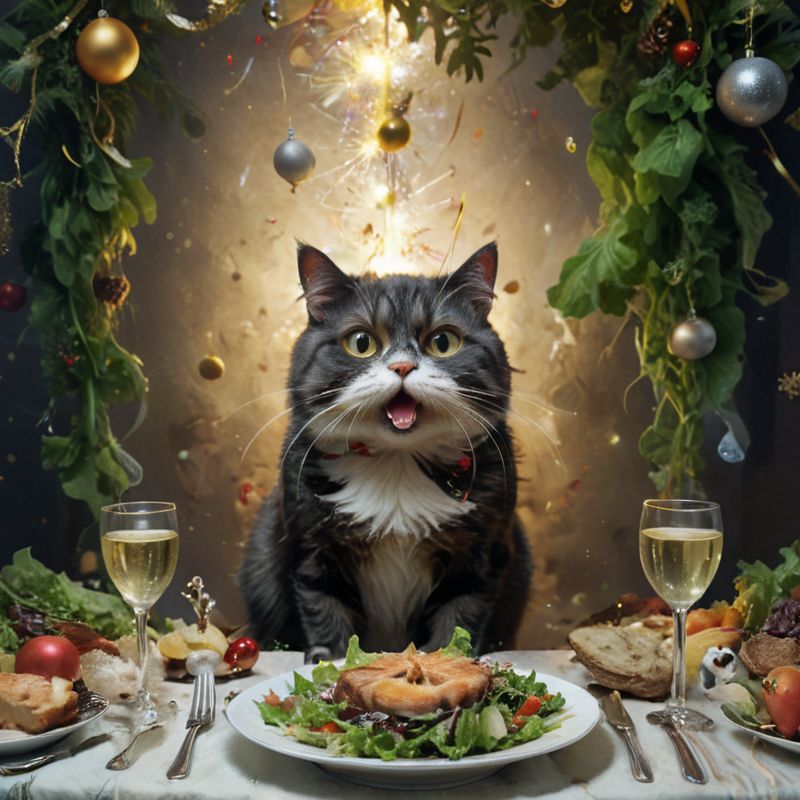 A cat sitting at a table with a salad in front of it, surrounded by wine glasses and various food items.