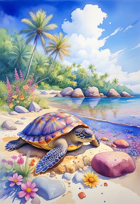 ArsMJStyle, Watercolor. a turtle basks in the sunshine on a rock strewn sandy beach as the tide washes gently on the shoreline.  Exotic trees and colourful foliage and wildflowers back onto the beach. clear blue skies with wispy cirrus cloud