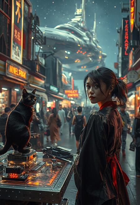 Setting is a futuristic cyberpunk street market at night, the market is comprised of street vendors selling robot parts, food, weapons, and robot pets. People wearing futuristic cyberpunk clothing are walking through the street market shopping and eating, A sleek black cat with red collar sits on a cluttered metal riveted desk with transparent top and micro-LED lighted computer components visible inside, On the desk is an ebony and gold maneki neko statue and futuristic art deco lighting, (((a beautiful woman, 24 years old, is standing in the foreground facing the viewer, she has an expression of interested curiosity)))))), the sleek black cat with red collar is sitting on the desk and watching the people walking by in the busy street market, the woman is dressed in futuristic cyberpunk Japanese style kimono-style clothing that are sexy and Japanese classic aesthetic. An enormous art deco inspired starship with futuristic lighting and an enormous space station are visible in the background among the stars, The woman's hair is elegantly tied up with a ribbon. Artistic cyberpunk, dynamic perspective, (((overall architectural aesthetic is Art Deco Cyberpunk))).  Epic image that elicits a feeling of wonder and awe, part of the interior is visible,