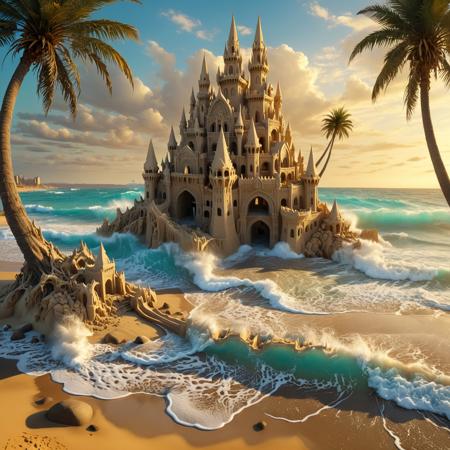 high definition, cinematic film still. a majestic, intricately designed sandcastle, with towering spires and grand arches, stands precariously on the shoreline as the turquoise ocean waves surge past eroding the structure, causing parts of it to crumble and fall into the foamy surf. Palm trees, sand dunes, rocks, driftwood, golden light of the setting sun casting long shadows across the wet sand.