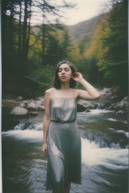 polaroid photo, day photo, park, photo of 24 y.o beautiful woman, pale skin, bokeh, motion blur Indian Girl near waterfall outdoor forest