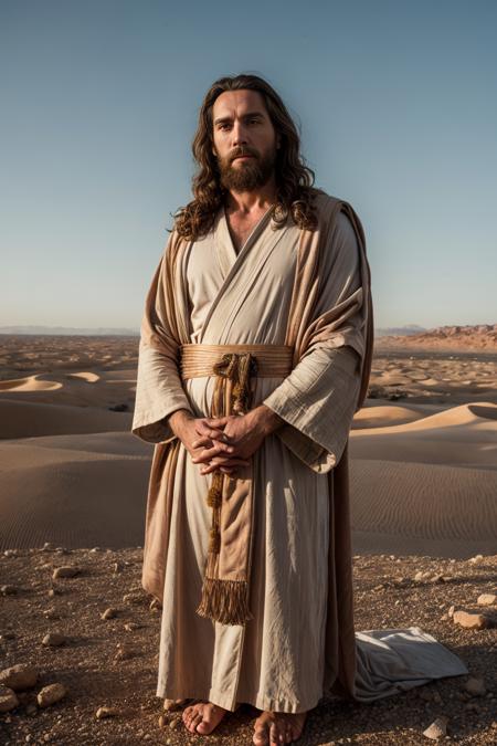 Raw hdr photo of jesus christ, wearing a robe, mantle, praying on my knees in the desert at sunrise, inspiring, disquieting, intricate, high details, hair blowing in the winf, focus, roman toga, mantle, beard, dramatic light, sunrise on desert, (hyper realistic:1.2), (high detailed skin:1.2), 8k uhd, dslr, high quality, film grain, Fujifilm XT3, epiCRealism, lighting, <lora:add_detail:0.7>  <lora:r4nd0m69:0.7>