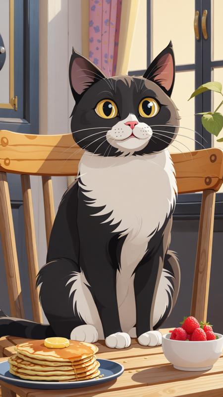 A cat with a funny face sits on a wooden chair and looks at a stack of blini pancakes, detailed black and white cat