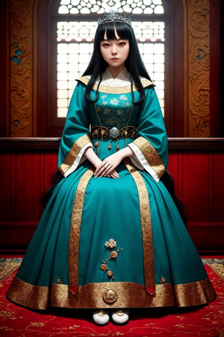 (Yu-jinNobodySD15:1) medieval portrait fantasy princess glorious elaborate royal teal robes tiara gems luxurious stone castle Game of Thrones Hogwarts (masterpiece) (best quality) (detailed) (8k) (HDR) (wallpaper) (cinematic lighting) (sharp focus) (intricate) (Style-Renaissance:0.8) <lora:epiNoiseoffset_v2:1>