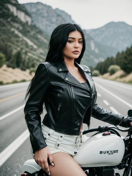 <lyco:Kylie Jenner_v1.0:1> Kylie Jenner, full body portrait, riding a motorcycle, wearing a black leather jacket, sharp, bokeh, action shot, realistic, film grain