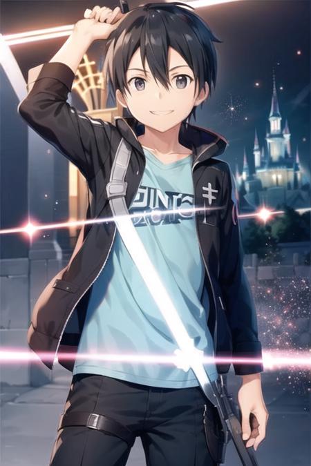 <lora:kirito:0.6>, 1boy, boy, kirito, looking at viewer, standing, cowboy shot, full body, smiling, ultra-detailed, castle