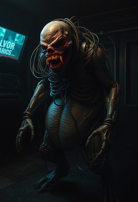 A terrifying biopunk creature, cybernetic body horror, dark room, screen glow, cables and wires, fat Fleshy undead beast