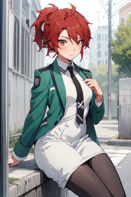 ErikaChiba, 1girl, solo, short hair, red eyes, white dress, brown eyes, green jacket, ponytail, pantyhose, red hair, black necktie, school uniform 