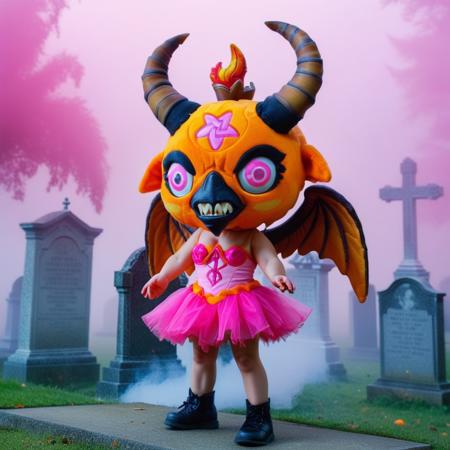 baphy_plushies, esoteric_baphy, big_horns_baphy, winged_baphy, fangs, sharp teeth,  standing in a foggy cemetery, pink and orange baphy, in the background a rave party, she's wearing a little dress, ((he's floating above the ground)) with one hand up, one hand down, ultra detailed, ultra quality, cinematic, dramatic lighting   <lora:Baphies-Plushies-000013:1>