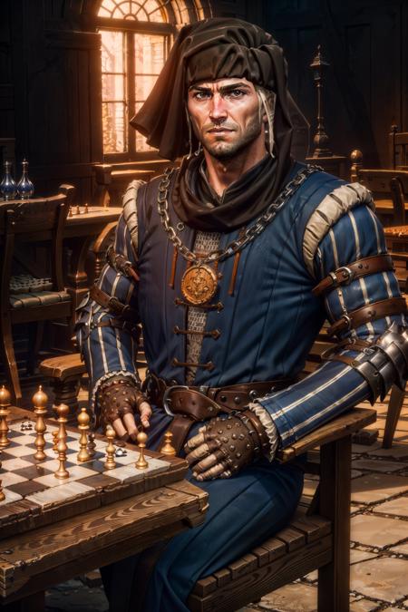 (masterpiece, top quality, best quality, official art, detailed:1.2), <lora:rocheW3:0.7>, rocheW3, armor, facial hair, beard, necklace, fingerless gloves,  sitting, chair, table, playing chess, indoors,