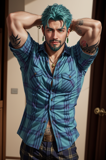 <lora:AeronXvoor0.4> Aeron X'voor, solo, looking at viewer, shirt, 1boy, jewelry, green eyes, blue hair, upper body, male focus, earrings, arms up, plaid, tattoo, facial hair, arms behind head, beard, realistic, plaid shirt