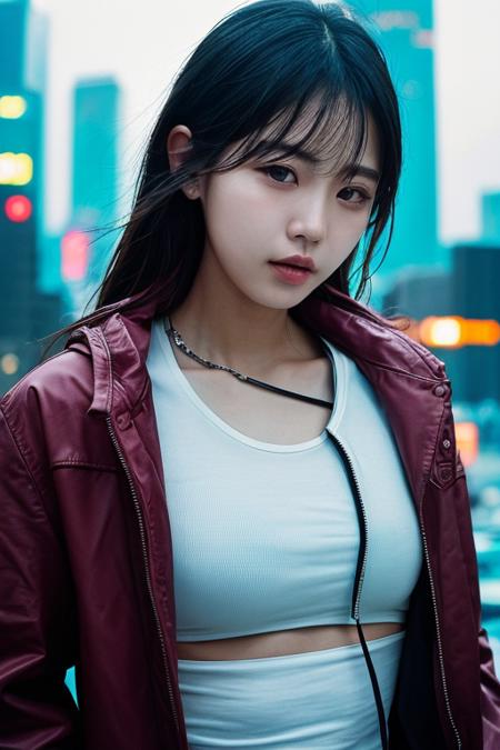 masterpiece, best quality, korean girl, kpop, wearing cyberpunk jacket, photorealistic, upperbody, low lighting, big city, RAW PHOTOGRAPHY, attractive face