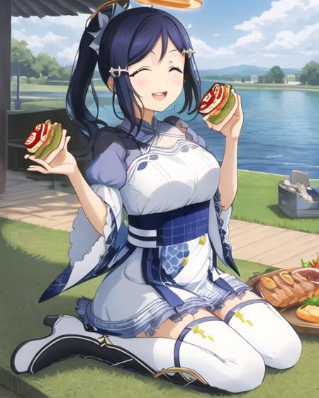 matsuura_kanan, <lora:kanan_v1-000008:0.8>, (light blue hair:1.2), burger, masterpiece, best quality, 1girl, solo, paimon \(genshin impact\), face closeup, (eating hamburger, large burger:1.2), two hands, smile, happy, open mouth,
long sleeves, white dress, dress, halo, thighhighs under boots, single thighhigh, bangs, boots, hair between eyes, white footwear,  white thighhighs, blue hair
detailed background, outdoor,  sky, dandelion, butterflies, castle on lake, (closing eyes:1.2)