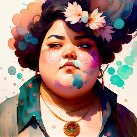 wtrcolor style, Digital art of (chubby woman), official art, frontal, smiling, masterpiece, Beautiful, ((watercolor)), face paint, paint splatter, intricate details. Highly detailed, detailed eyes, [dripping:0.5], Trending on artstation, by Rachel Walker