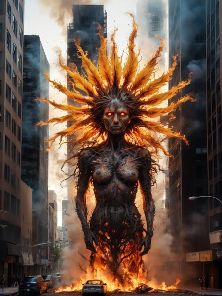 cosmic fiery sunflower in flames burning down the city, by Carne Griffiths, Conrad Roset, Greg Rutkowski, Dan Witz, Intricate, elaborate transparent phoenix creature, scenic, hyperdetailed, WLOP, concept, sharp focus, Octane render, volumetric lighting, cinematic, photorealistic, dust explosion, huge flames, palpable depth  <lora:xl_more_art-full_v1:0.7>