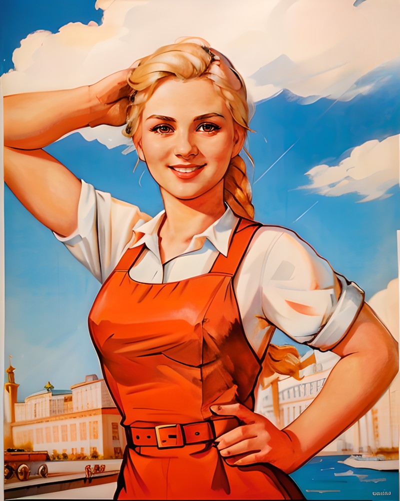 <lora:soviet-poster:0.8> , Soviet poster,  a young 22 year old soviet Russian women, blond hair, Red dress, holding a hamm...