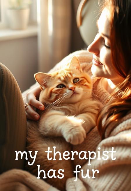 A warm and cozy moment captured on camera, with a plush cat nestled snugly in a woman's lap. The cat's soft fur blends seamlessly with her gentle touch as she strokes its whiskered face. Natural light pours in from the left, highlighting the tender scene. The woman's relaxed expression radiates calmness, while the cat's contented gaze conveys trust and companionship. The whimsical font below reads: 'my therapist has fur', a playful nod to the therapeutic bond shared between human and feline.