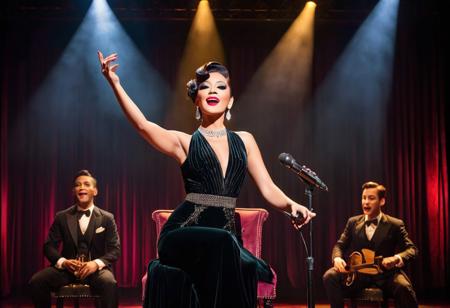 (masterpiece, cabaret singer:1.3), imagine a captivating scene set in a dimly lit cabaret, where a sultry singer takes center stage under the glow of three spotlights. Picture the singer, exuding confidence and charisma, seated on a velvet chair with a vintage microphone in hand, ready to enchant the audience with her mesmerizing voice. The stage is bathed in a warm, inviting light, casting dramatic shadows and highlighting the singer's elegant attire and retro-inspired hairstyle. Each spotlight creates a halo of illumination around her, accentuating her presence and drawing all eyes to her captivating performance. The cabaret ambiance is palpable, with the soft murmur of the audience, the clinking of glasses, and the anticipation of a spellbinding musical journey. As the singer prepares to serenade the crowd with a mix of passion and poise, the air is filled with an electric energy that hints at the enchanting performance about to unfold. Transport yourself to this alluring setting and immerse yourself in the nostalgic charm and timeless allure of a cabaret singer under the mesmerizing glow of three spotlights.