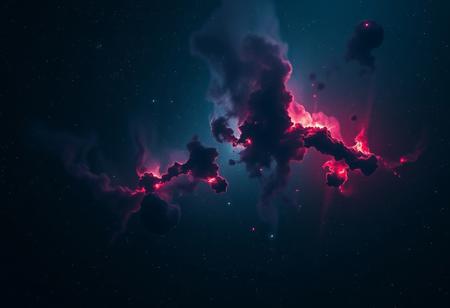 Captivating desktop wallpaper: a majestic star nebula sprawls across the frame, bathed in an otherworldly glow. The dark palette features muted hues of indigo, slate grey, and deep crimson, subtly gradated to evoke an atmospheric haze. Cinematic lighting casts dramatic shadows, with film grain adding texture to the already impressive fine detail. A masterpiece of composition and quality, this stunning image is a testament to the artist's skill.
